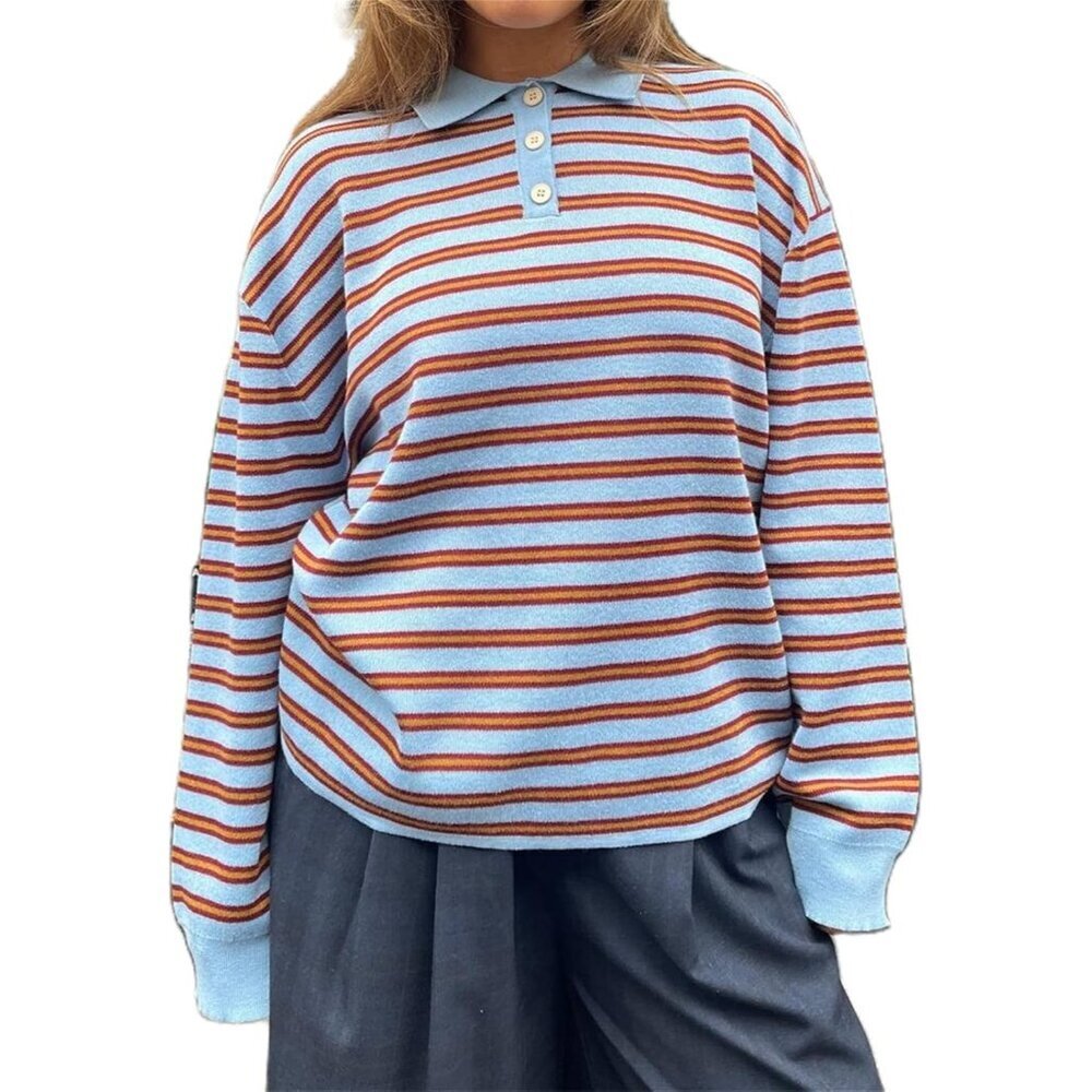 Women Y2K Striped Knit Polo Shirt Long Sleeve Collared Casual Top